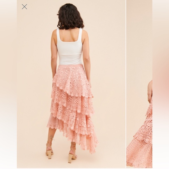 FARM Rio Peach eyelet Tiered Midi A-Line Skirt asymmetric hem sz L side zip - Picture 4 of 10